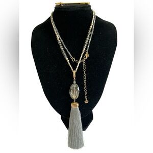 Chico's Gold Tone and Multi Bead Gray Crystal Tassel Convertable  Necklace